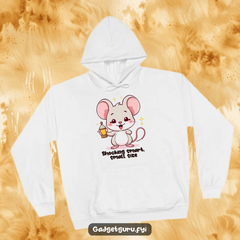Funny Mouse Hoodie: A proud mouse holds a miniature sparking invention, offering comfort and a touch of genius.