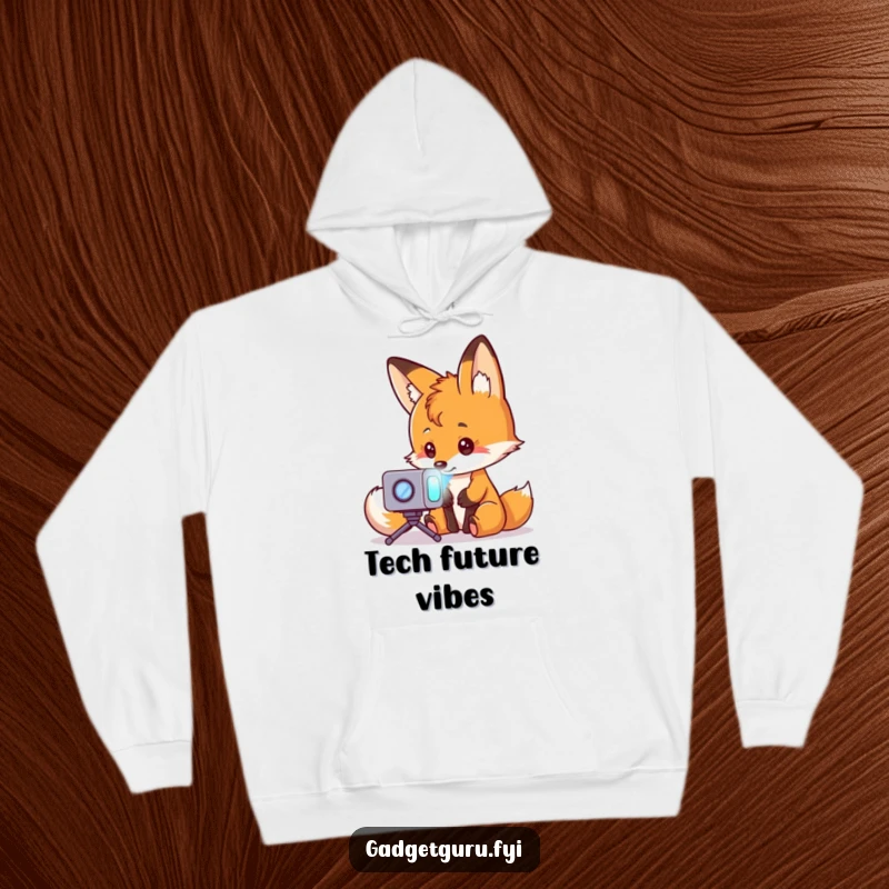 Funny fox character exploring a tiny holographic projector, conveying smart curiosity, on a warm and cozy hoodie.