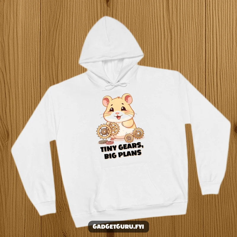 Funny hamster hoodie showing a smiling character tinkering with tiny gears, perfect for cozy crafting sessions.