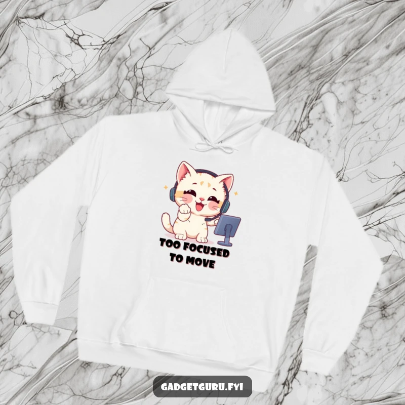 Funny Hoodie featuring a delighted kitten with a headset, pointing excitedly at a screen, ready to dominate.