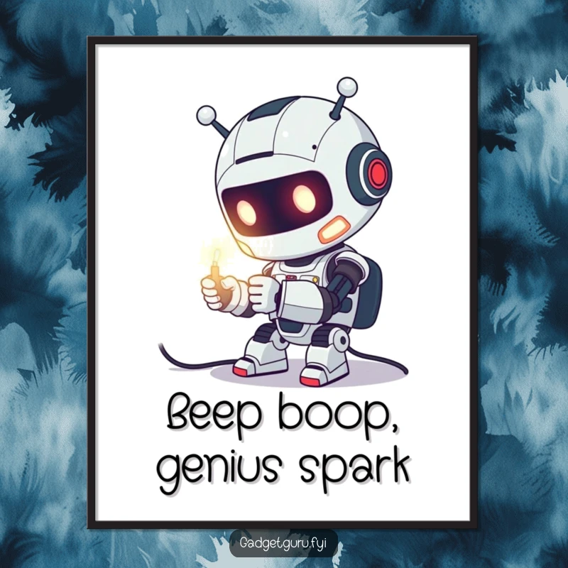 Funny Free Printable Wall Art depicting a cute robot tinkering with a glowing wire, adding a playful, techy vibe.