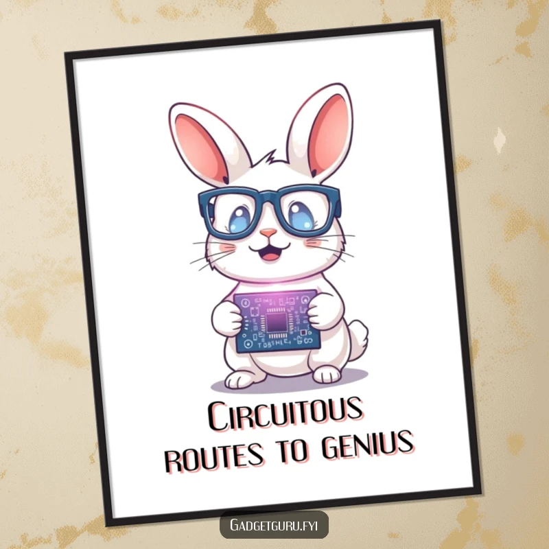 Funny Free Printable Wall Art: A small rabbit wearing tiny glasses, excitedly holding a brightly glowing circuit board.