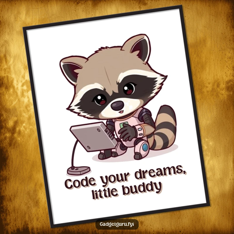 Funny free printable wall art: A determined raccoon character intently programs a small, intricate robot with focused energy.