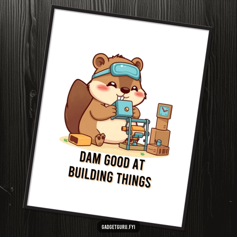 Funny Free Printable Wall Art: Crafty beaver building a miniature gadget, symbolizing innovation and hard work.