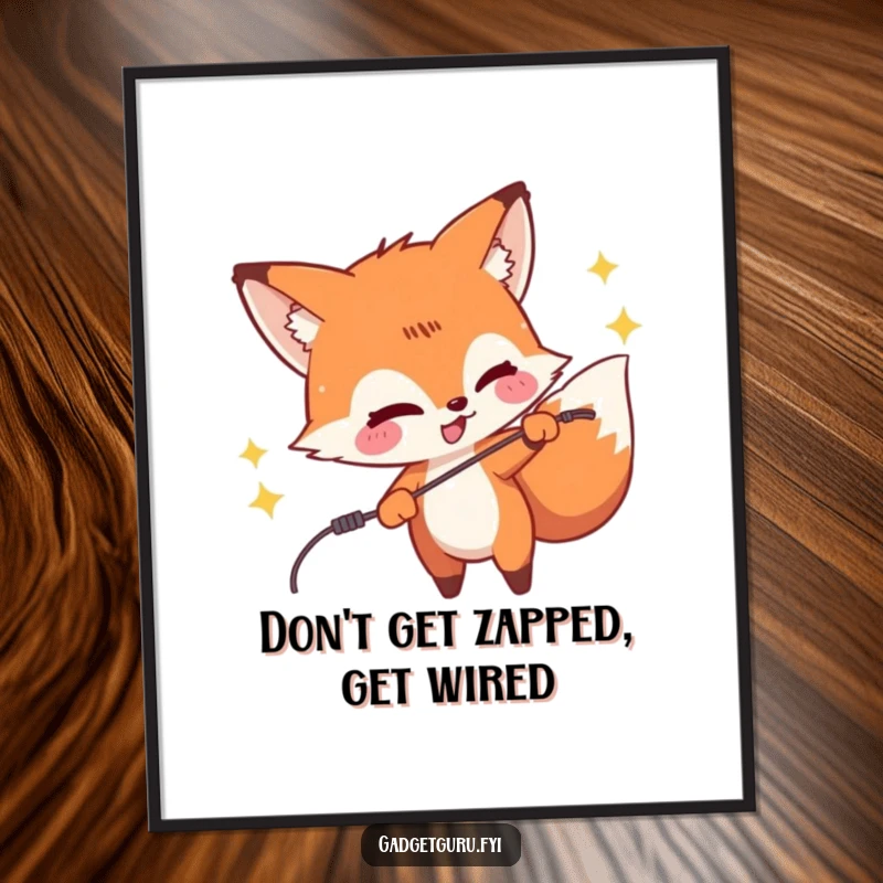 Funny Free Printable Wall Art: A mischievous fox character gleefully zaps a wire, creating a bright spark.