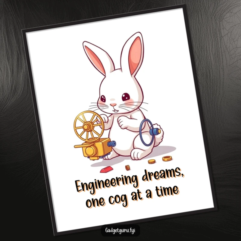 Funny Free Printable Wall Art: Focused rabbit intensely assembling a small, intricate, and whirring technological contraption.