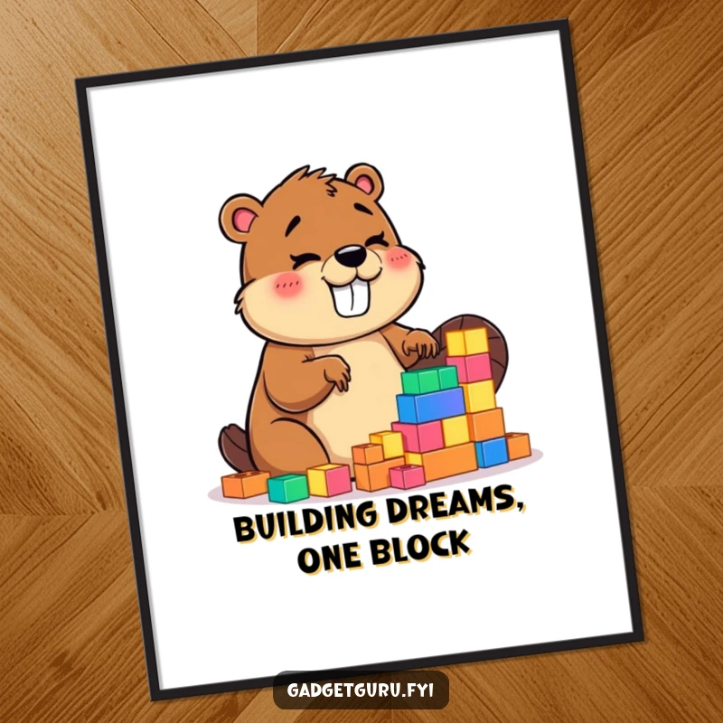 Funny Free Printable Wall Art: Giggling beaver character enthusiastically building with tiny glowing blocks, creating a humorous scene. Downloadable decor.