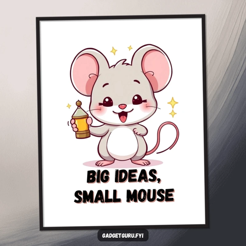 Funny Free Printable Mouse Wall Art: Proud mouse holding a tiny, sparking invention, clever, humorous downloadable decor.