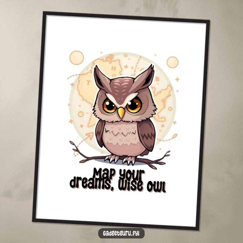 Funny Free Printable Owl Wall Art: Curious owl studying a complex glowing map, whimsical downloadable decor.