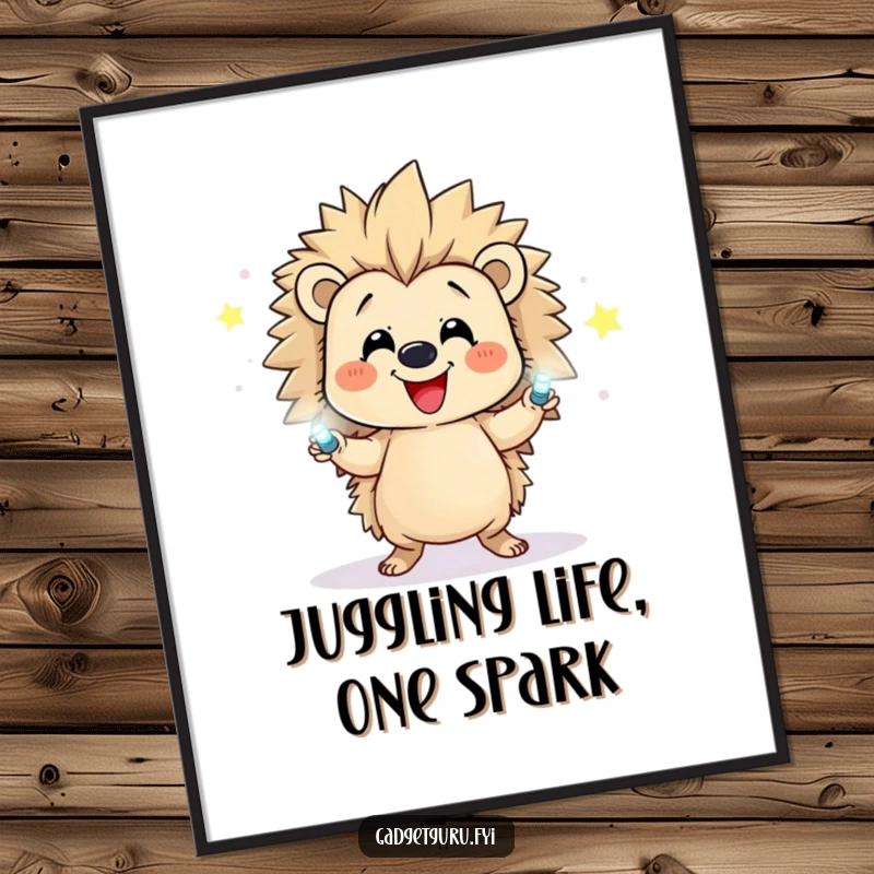 Funny Free Printable Wall Art: Happy hedgehog character juggling tiny flashing LEDs, creating a vibrant and humorous scene. Downloadable decor.