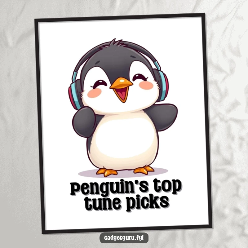 Funny Free Printable Wall Art: Fuzzy penguin chick wearing headphones, engrossed in music, giving a rave review.