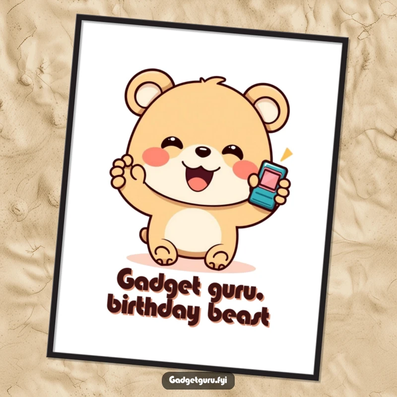 Funny Free Printable Wall Art: A bear happily showing off a tiny, brightly flashing gadget, full of excitement.