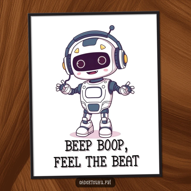 Funny Free Printable Wall Art: A happy robot with tiny headphones, dancing with vibrant, glowing wires, radiating joy and rhythm.
