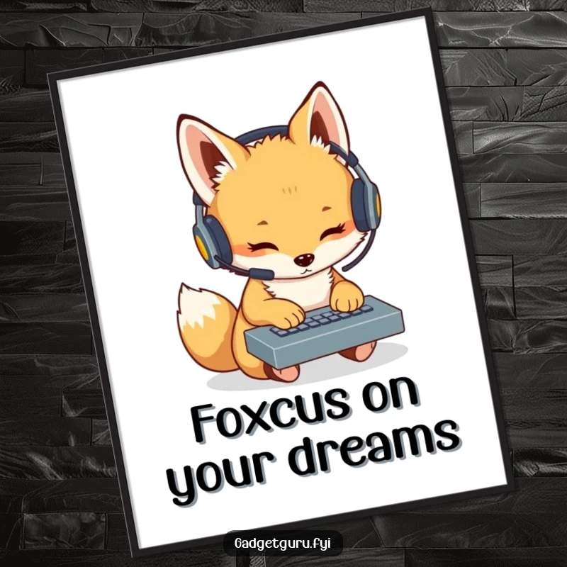 Funny Free Printable Wall Art: A cute fox cub wearing a headset, intensely focused on tapping on a miniature keyboard.