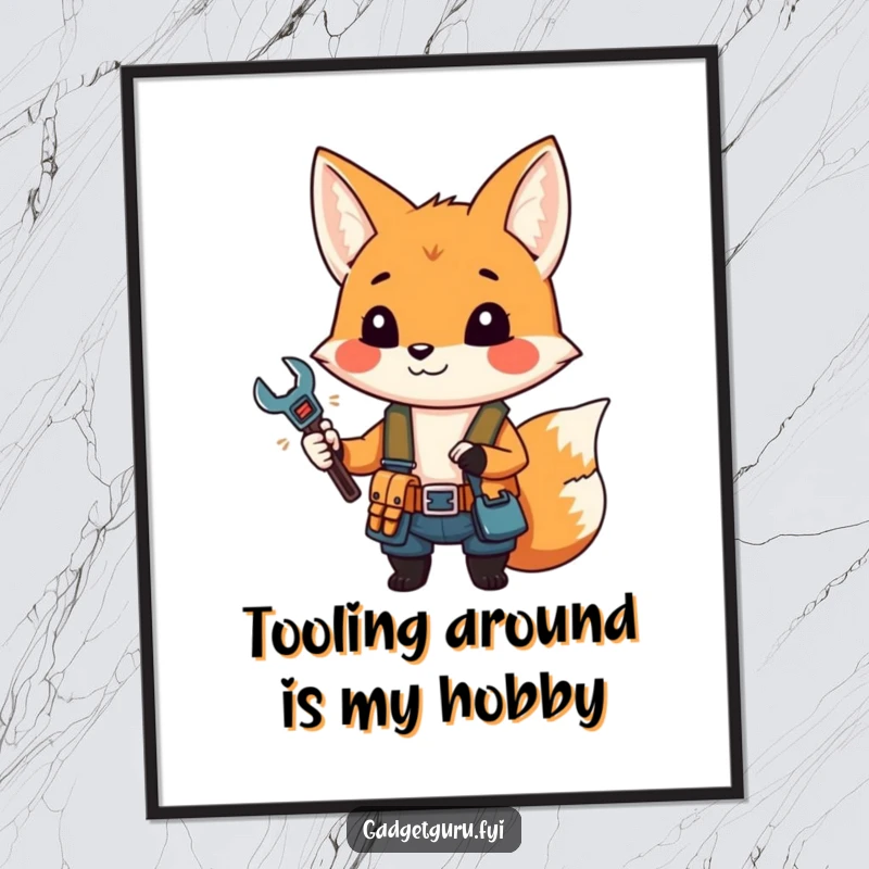 Funny free printable wall art: a small fox character wearing a tool belt holds a miniature wrench, showcasing a handy personality.