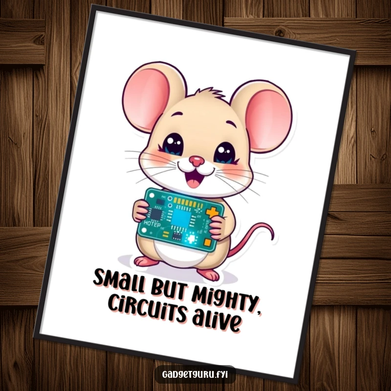 Funny Free Printable Wall Art: A delighted mouse character holds a tiny, blinking circuit board, celebrating intelligence and innovation.