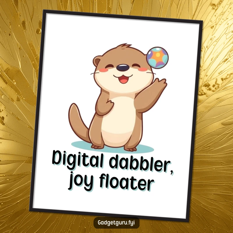 Funny Free Printable Wall Art: Playful otter character happily tossing a small, glowing digital orb in the air, looking mischievous and fun.