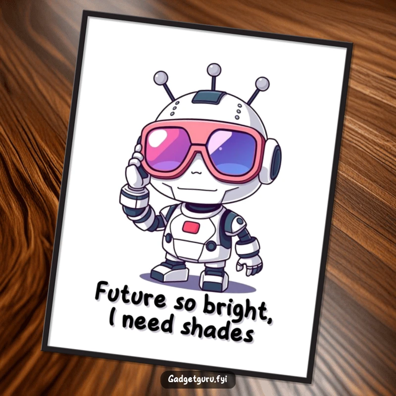 Funny Free Printable Wall Art: A cute robot character adjusting large, sleek, futuristic glasses with a happy expression.