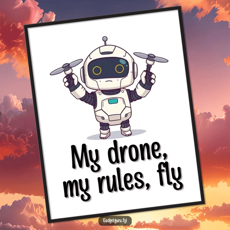 Funny Free Printable Wall Art: Small robot character excitedly holds up a tiny, spinning drone, a piece of tech art.