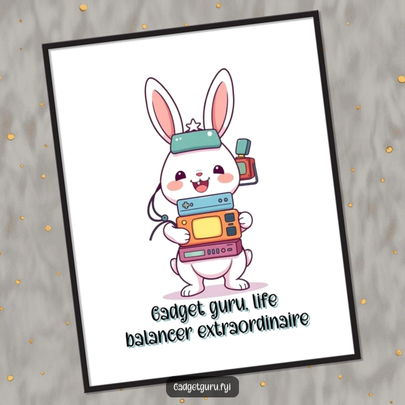 Funny Free Printable Wall Art: Cheerful rabbit character comically balancing a huge stack of various small gadgets, looking stressed but determined.