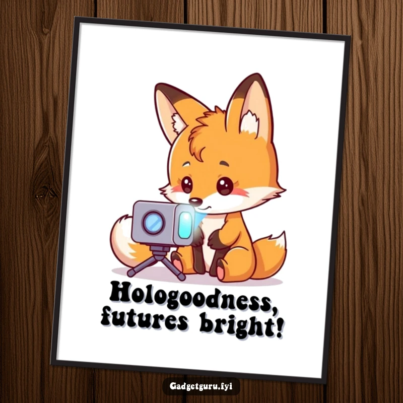 Funny Free Printable Wall Art: A curious fox wearing glasses examines a miniature holographic projector displaying a glowing, abstract image.