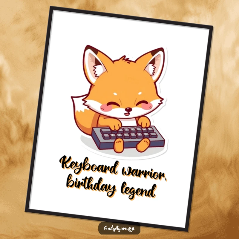 Funny Free Printable Wall Art: Kawaii fox with wide eyes, typing furiously on a tiny keyboard, a humorous scene.
