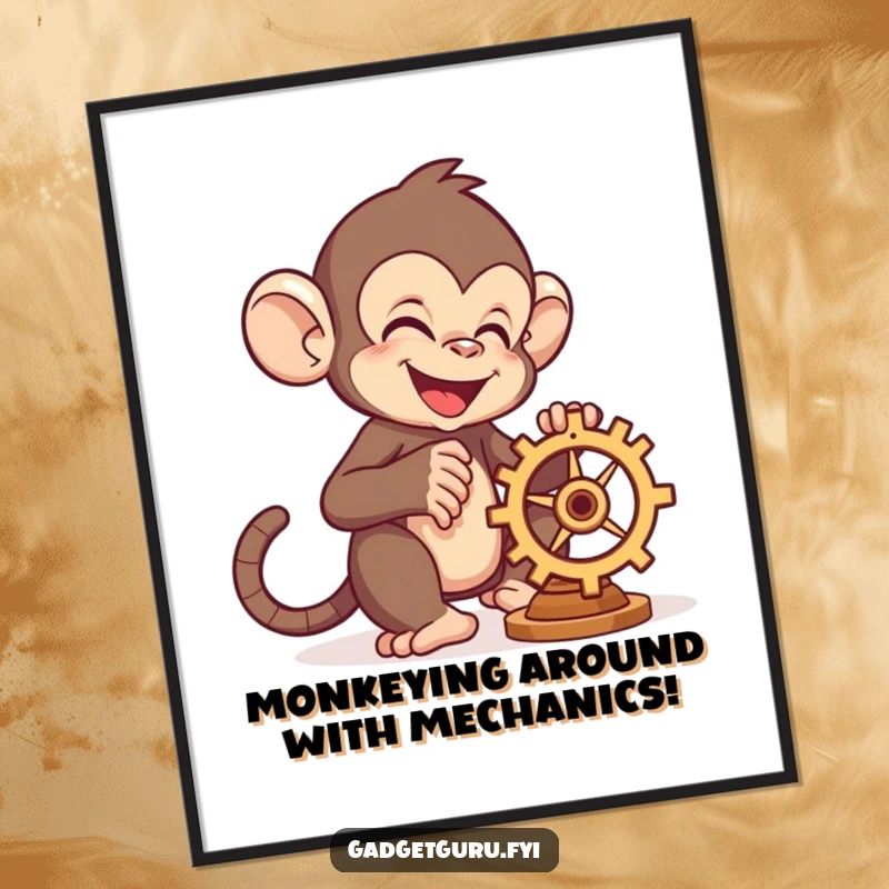 Funny Free Printable Wall Art: A skilled monkey with a cheerful expression joyfully tinkers with a small, whirring gear, full of mechanical delight.