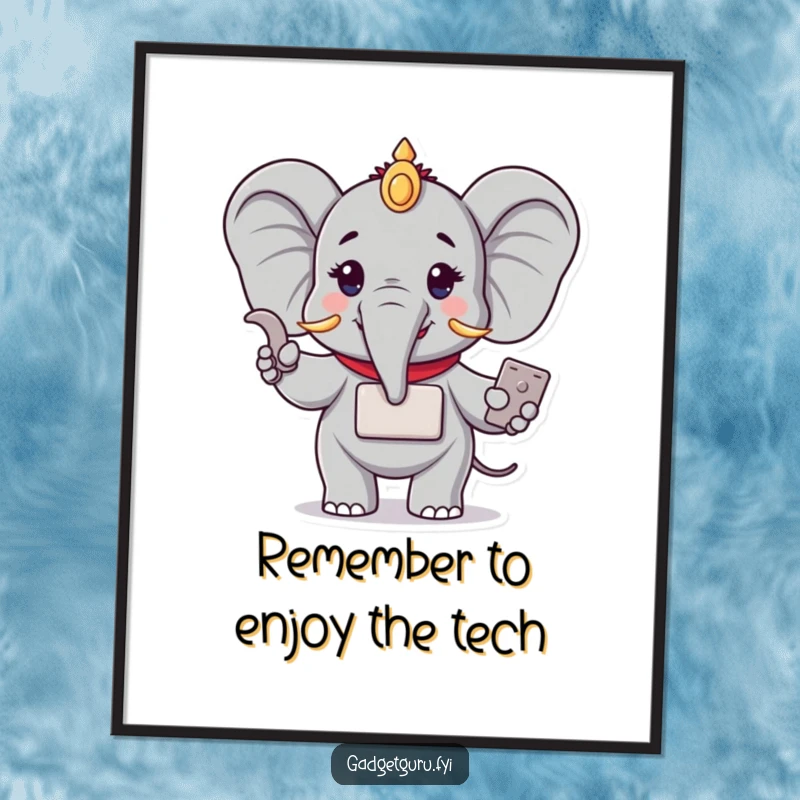 Funny free printable wall art: A wise elephant gracefully demonstrates a small, cutting-edge compact device with an intelligent demeanor.