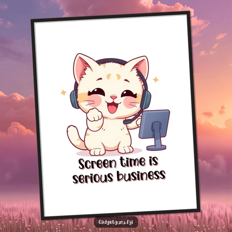 Funny Free Printable Wall Art: A delighted kitten wearing a headset points excitedly at a glowing computer screen.