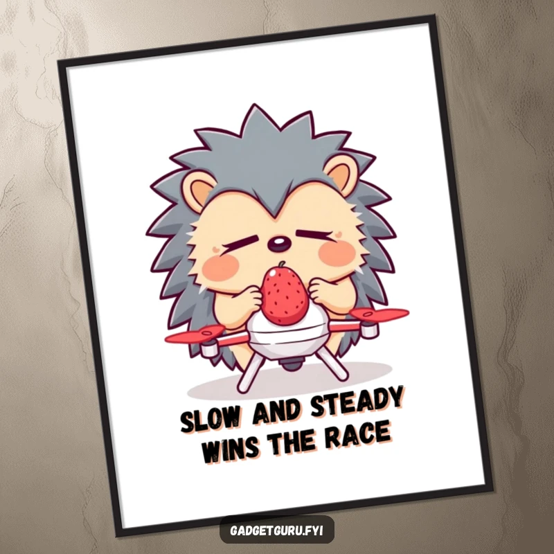 Funny Free Printable Hedgehog Wall Art: Sleepy hedgehog using a drone to deliver a berry, cute, humorous downloadable decor.