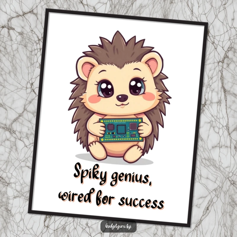 Funny Free Printable Wall Art: Curious hedgehog wide-eyed holding a tiny circuit board, quirky downloadable art.