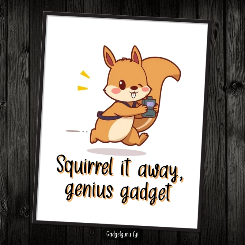 Funny free printable wall art of a squirrel zooming with a flashy gadget, capturing speed, technology, and humor.