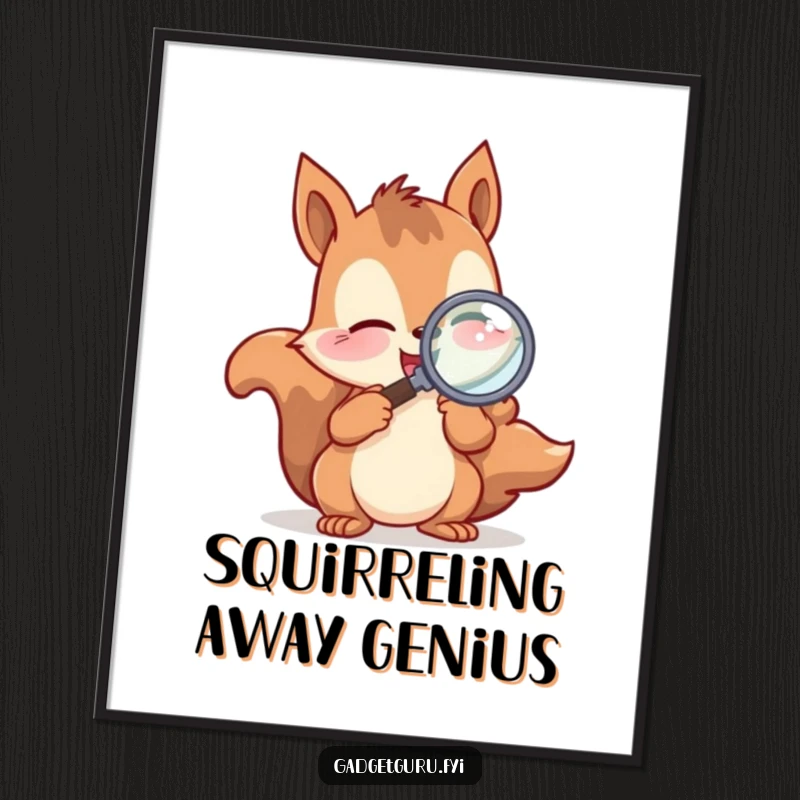 Funny Free Printable Wall Art of a playful squirrel intently examining something with a magnifying glass, adding whimsy.