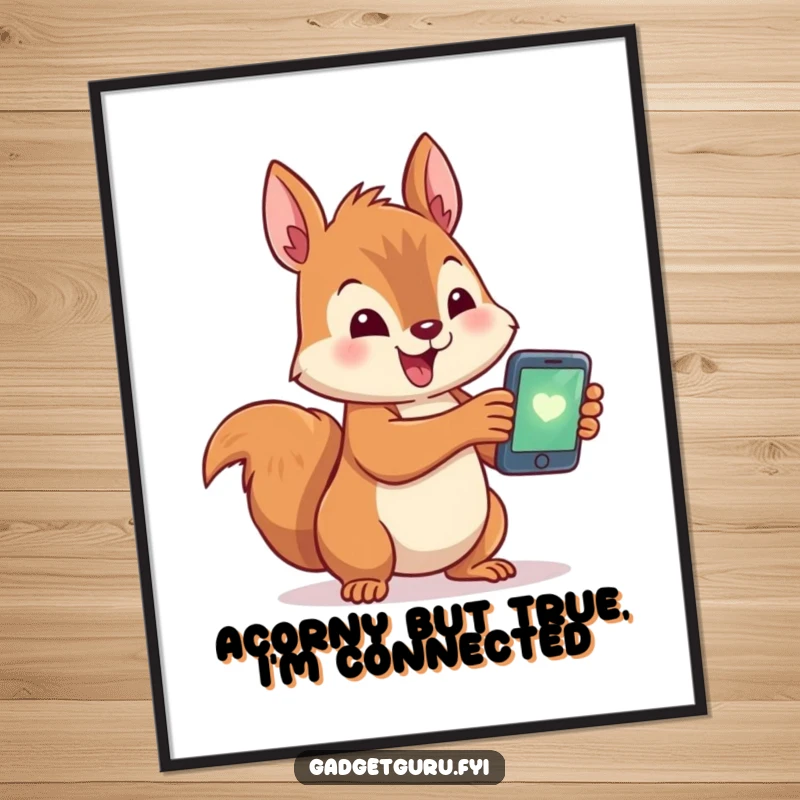 Funny Free Printable Wall Art: A cute squirrel Character excitedly holds a tiny, glowing smartphone, ready to connect.
