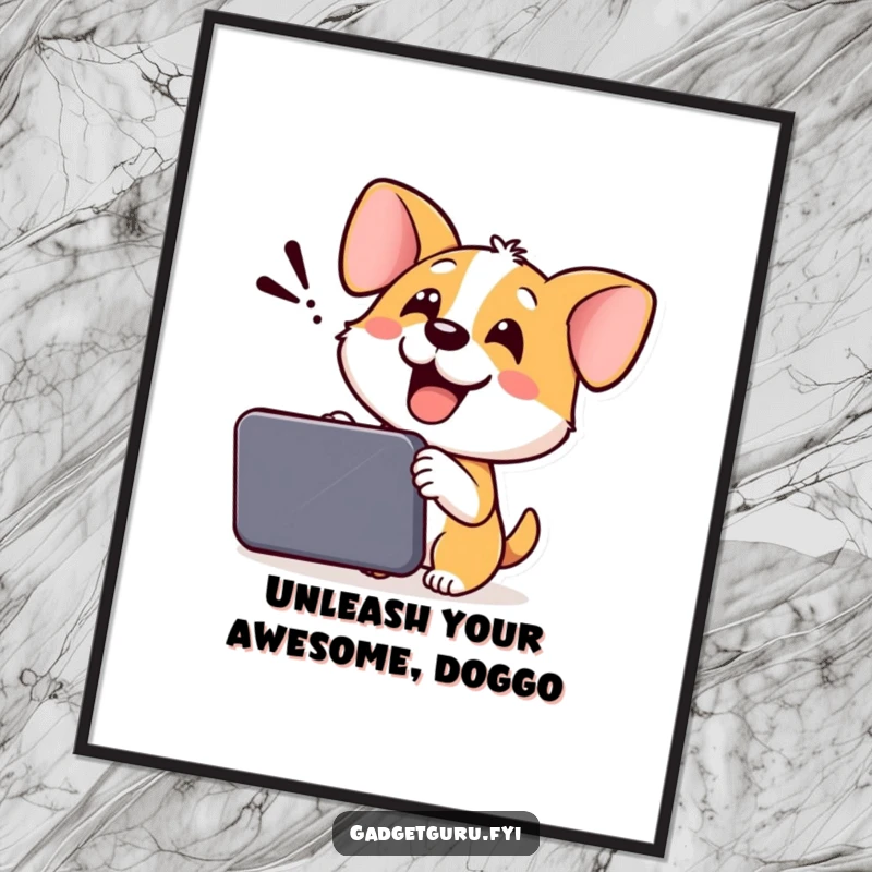 Funny Free Printable Dog Wall Art: Cheerful dog enthusiastically demonstrating a new gadget, wagging, humorous downloadable decor.