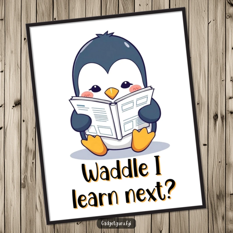 Funny Free Printable Wall Art: Studious penguin intently reading a tiny tech manual, symbolizing knowledge.