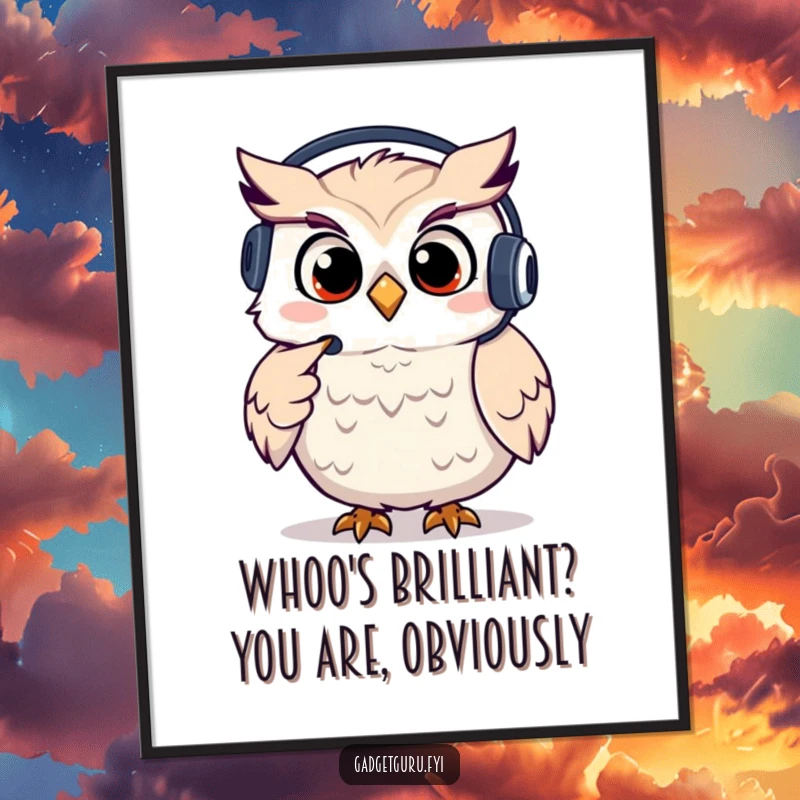 Funny Free Printable Wall Art: A giggling owl character wearing a small headset and pointing with a knowing look.