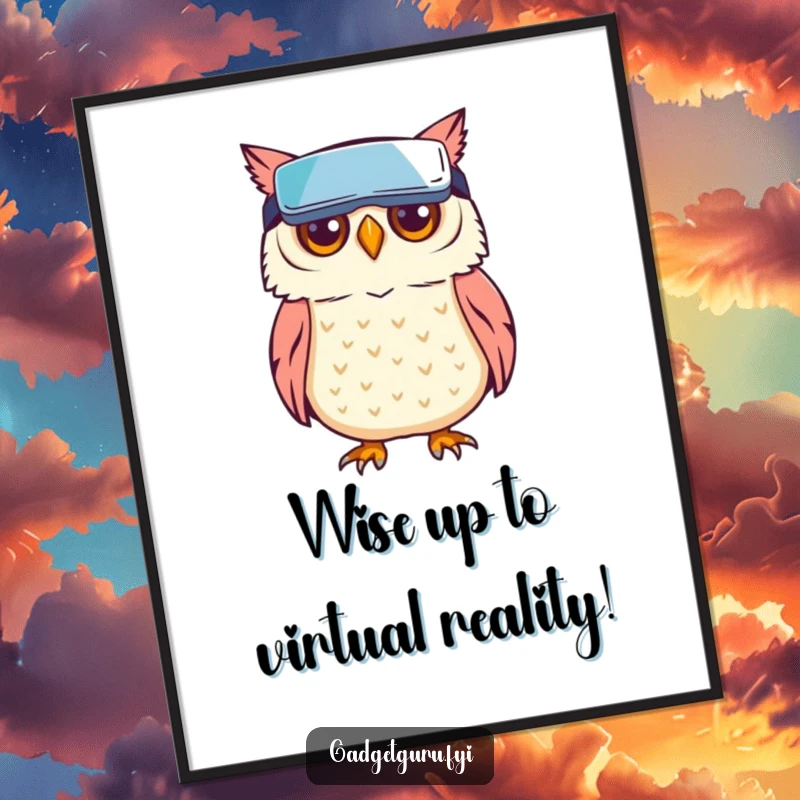 Funny Free Printable Wall Art: A creative owl with large eyes wears tiny VR goggles, gazing into a colorful, abstract digital landscape.