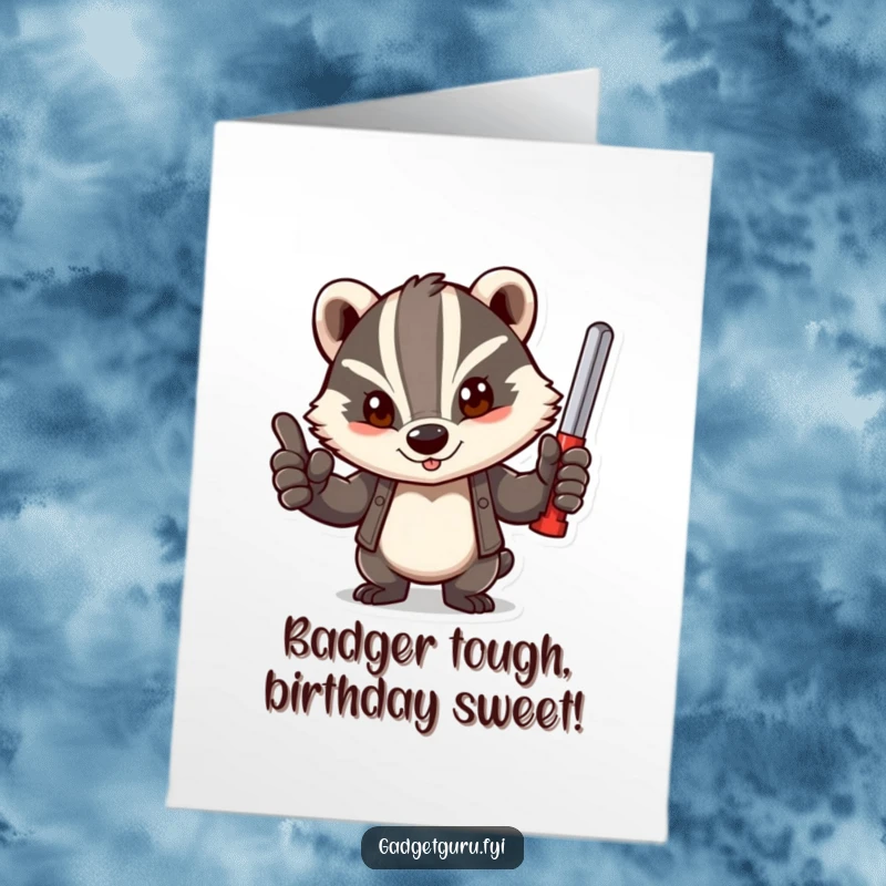 Funny Free Printable Birthday Card: Determined badger character giving a confident thumbs-up while holding a tool.