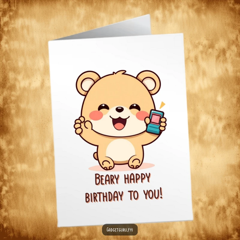 Funny Free Printable Birthday Card: Smiling bear proudly holding a tiny, flashing gadget, celebrating a birthday.