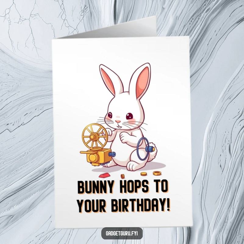 Funny Free Printable Birthday Card: Determined rabbit meticulously building a complex, whirring gadget with intense focus.