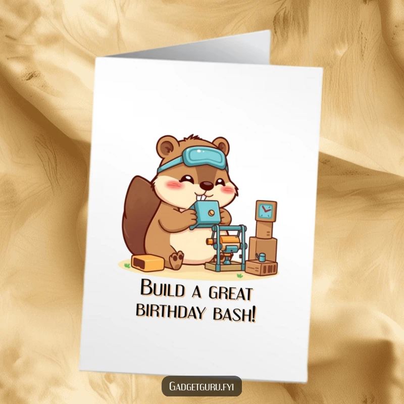Funny Free Printable Birthday Card: Crafty beaver happily constructing a miniature gadget, celebrating a birthday.