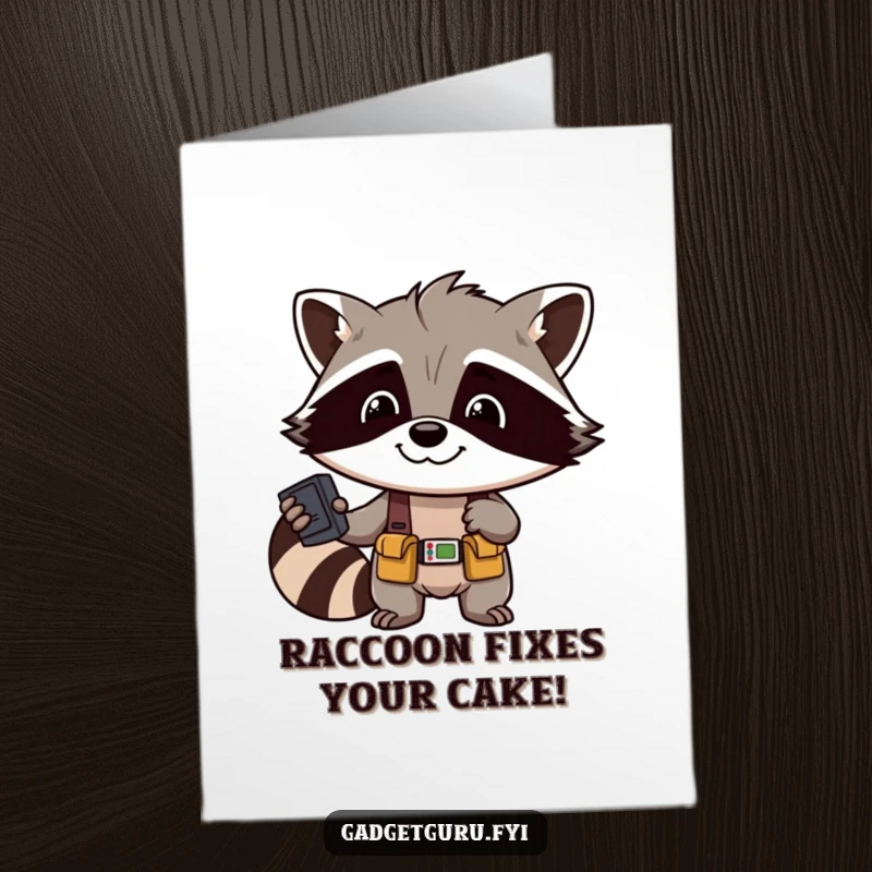 Funny Free Printable Birthday Card: Smiling raccoon in tool belt expertly fixing a gadget with a determined grin.