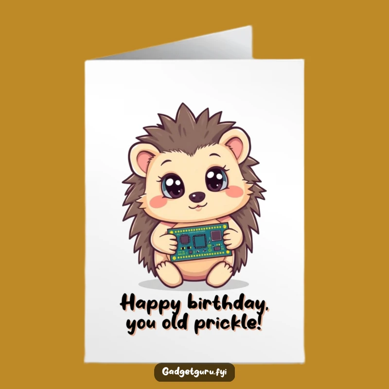 Free Printable Birthday Card: Hedgehog with Circuit Board - Funny Downloadable Gift!