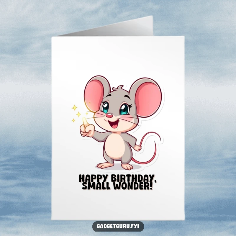 Funny Free Printable Birthday Card: Excited mouse pointing at a holographic display, perfect DIY gift for tech enthusiasts.