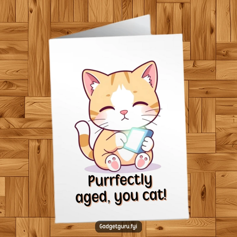 Funny free printable birthday card: a curious cat paws at a tiny, glowing screen, embodying digital distraction humorously.