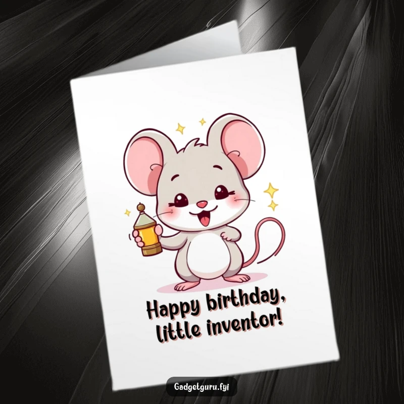 Funny Free Printable Mouse Birthday Card: Proud mouse holding a sparking miniature invention, a clever downloadable greeting.