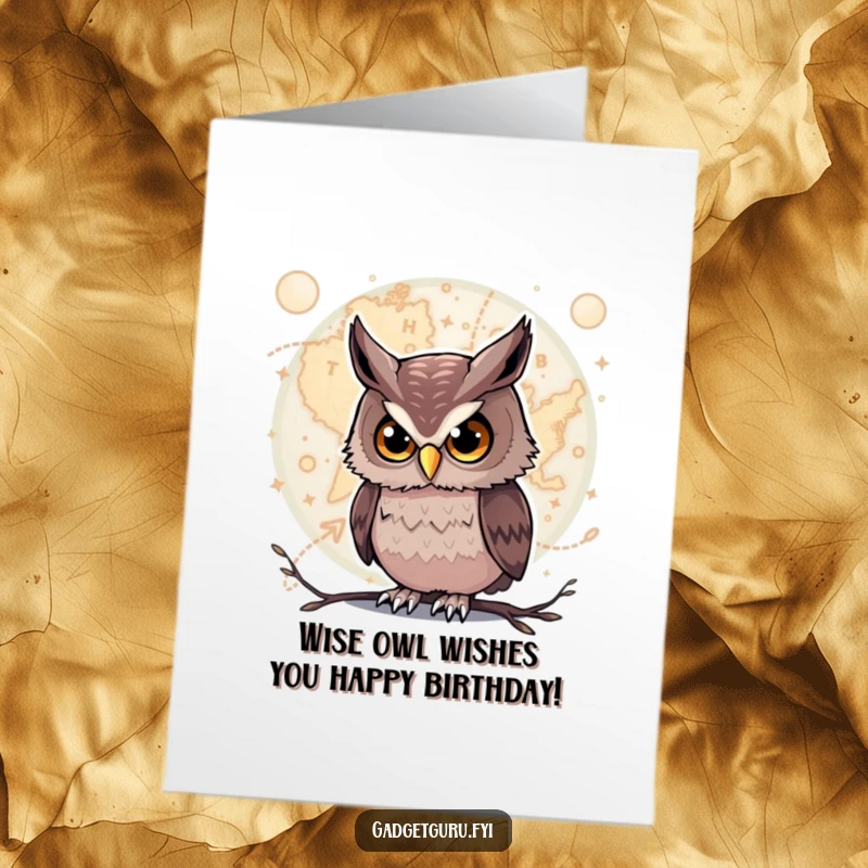 Funny Free Printable Owl Birthday Card: Curious owl studying a glowing map, a unique downloadable greeting for laughter.