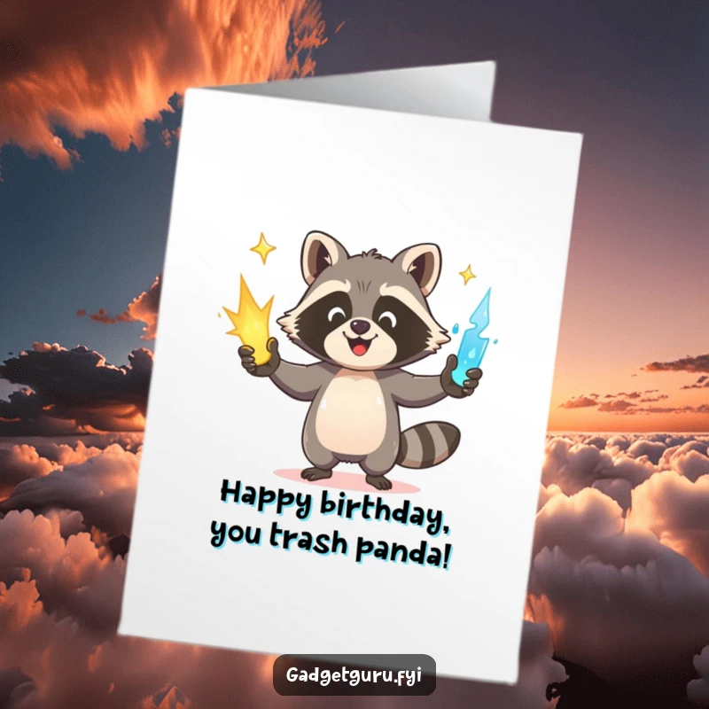 Funny Free Printable Raccoon Birthday Card: Happy raccoon juggling glowing power sources, a zappy downloadable greeting.
