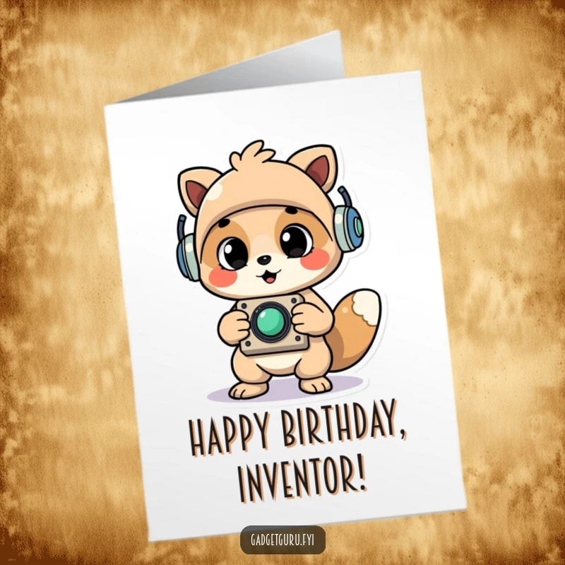 Funny Free Printable Birthday Card: Cheerful animal proudly holds up a newly assembled whimsical gadget, perfect for a birthday wish.